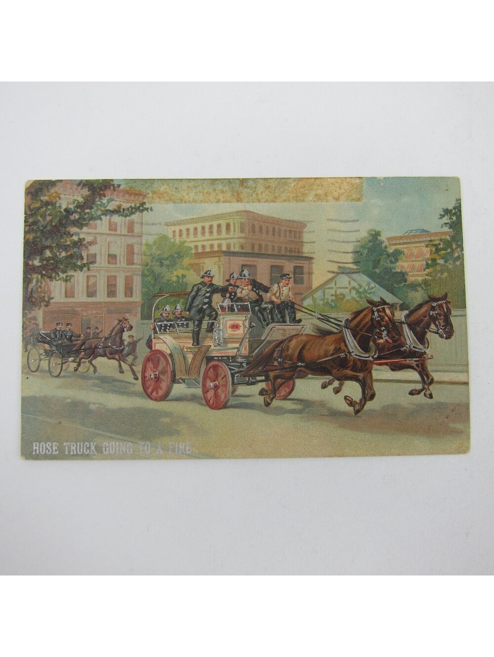 Postcard Firefighters Horse Drawn Truck Going To Fire Embossed Antique RARE